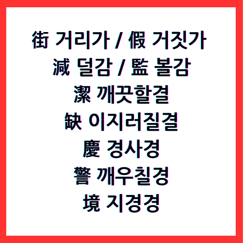 街 거리 가, 假 거짓 가, 減 덜 감, 監 볼 감, 潔 깨끗할 결, 缺 이지러질 결, 慶 경사 경, 警 깨우칠 경, 境 지경 경, 한자4급II