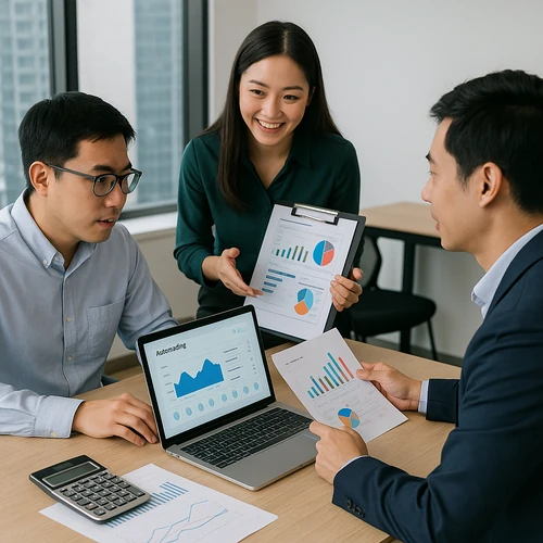한국 사무실에서 자동화 회계 프로그램 데이터를 기반으로 협업하는 비즈니스 팀 모습