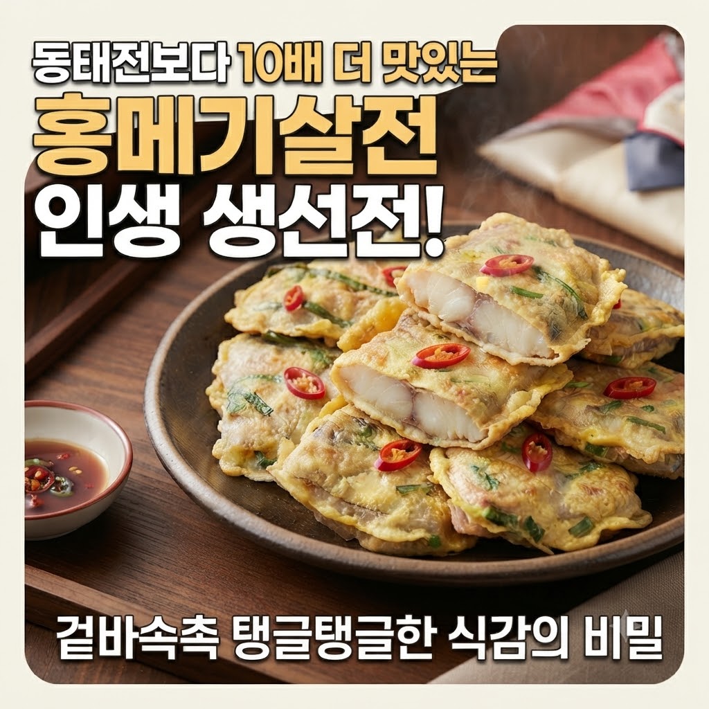 동태전보다 10배 더 맛있는 홍메기살전 인생 생선전! 겉바속촉 탱글탱글한 식감의 비밀 (노릇하게 부쳐낸 홍메기살전과 간장 종기가 담긴 썸네일 이미지)