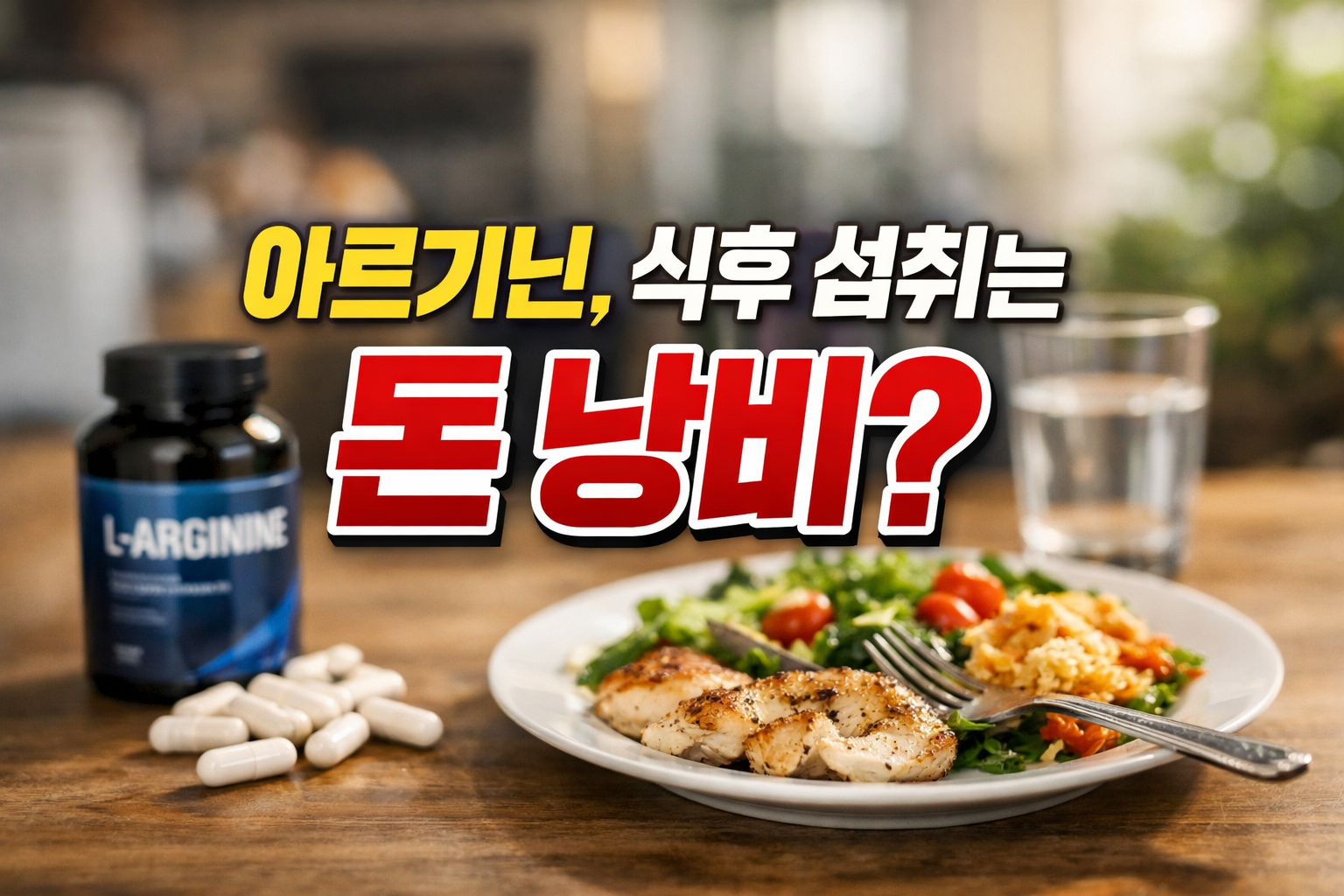 식사 접시와 물컵, 아르기닌 보충제가 함께 놓여 있고 &lsquo;아르기닌, 식후 섭취는 돈 낭비?&rsquo; 문구가 들어간 아르기닌 공복&middot;식후 복용 비교 이미지