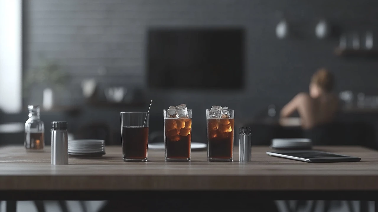 최신형 주방에서 다양한 제로 칼로리 콜라 시음과 소비자 평가가 진행되는 2025년 세계 제로 콜라 시장 점유율 및 브랜드 충성도 분석, 소비자 평가 과정, 제품 비교, 트렌드, 브랜드 신뢰도 포함