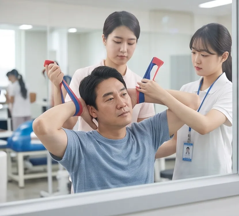 물리치료사의 도움을 받아 밴드로 목과 어깨 재활 운동 치료를 받는 환자
