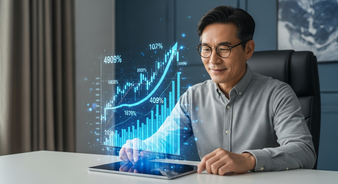 테슬라의 소프트웨어 구독 서비스 매출 증가와 이에 따른 기업 가치 재평가를 나타내는 상승 그래프