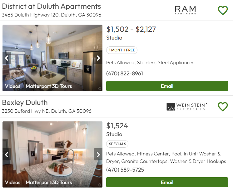 둘루스 아파트의 스튜디오 형태, 원룸 형태의 집의 렌트비를 보여주는 사진이다. 월 1,502 달러에서 2,127 달러의 모습을 보여준다.