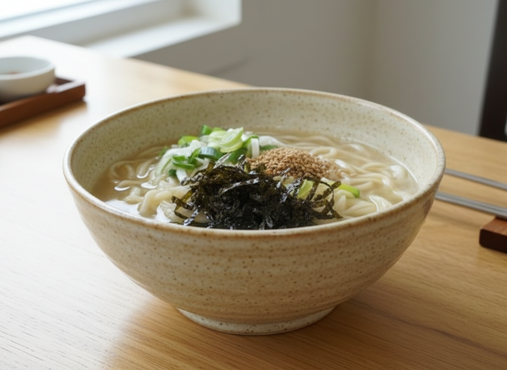 밝은 나무 식탁 위에 정갈하게 놓인 도자기 그릇에 담긴 칼국수. 김 가루, 파, 깨가 고명으로 올려져 있으며 옆에는 수저가 놓여 있다.