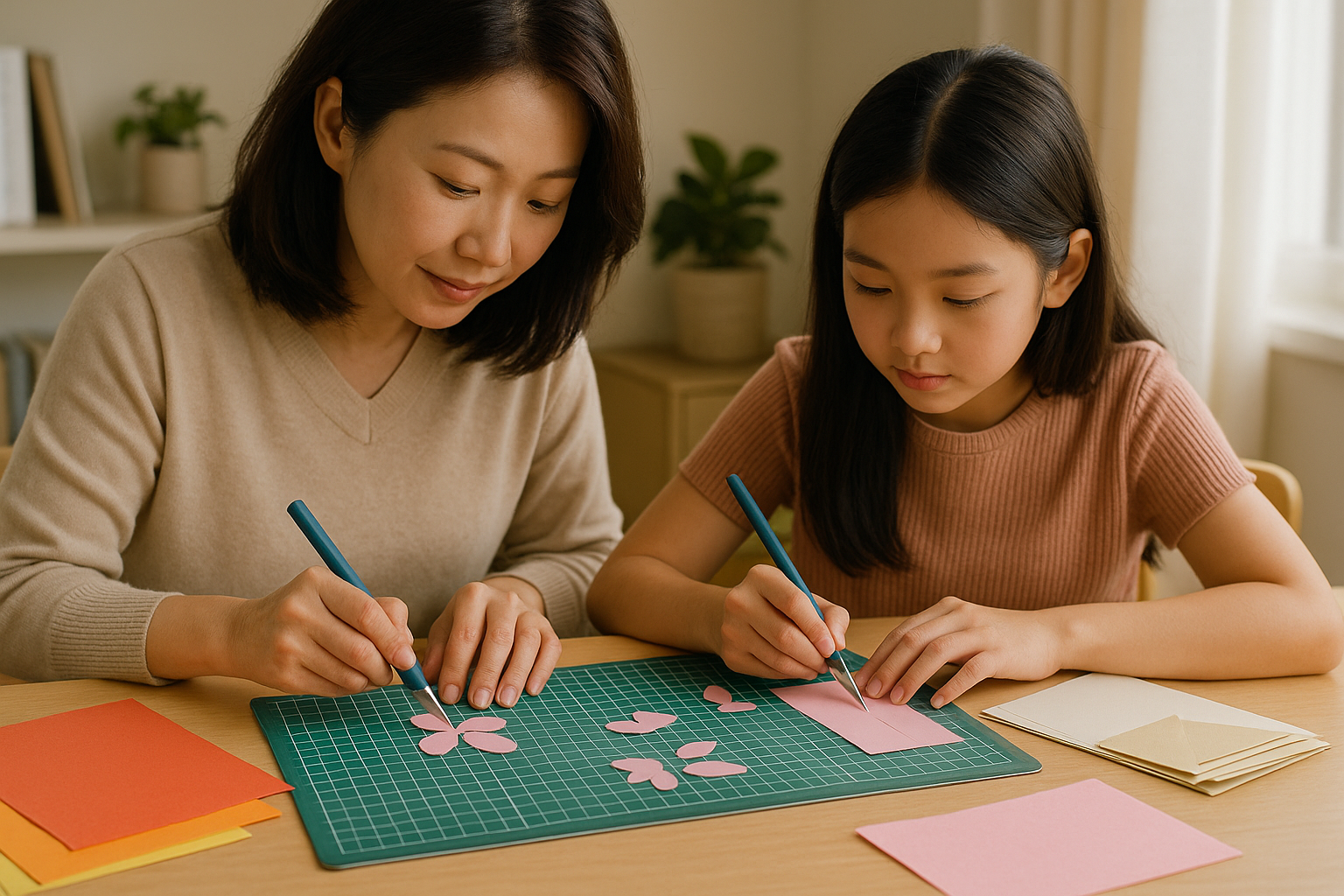 꽃잎 모양으로 종이를 자르는 엄마와 딸