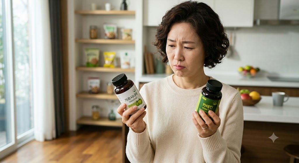 다이어트 보조제를 고민하는 중년 여성