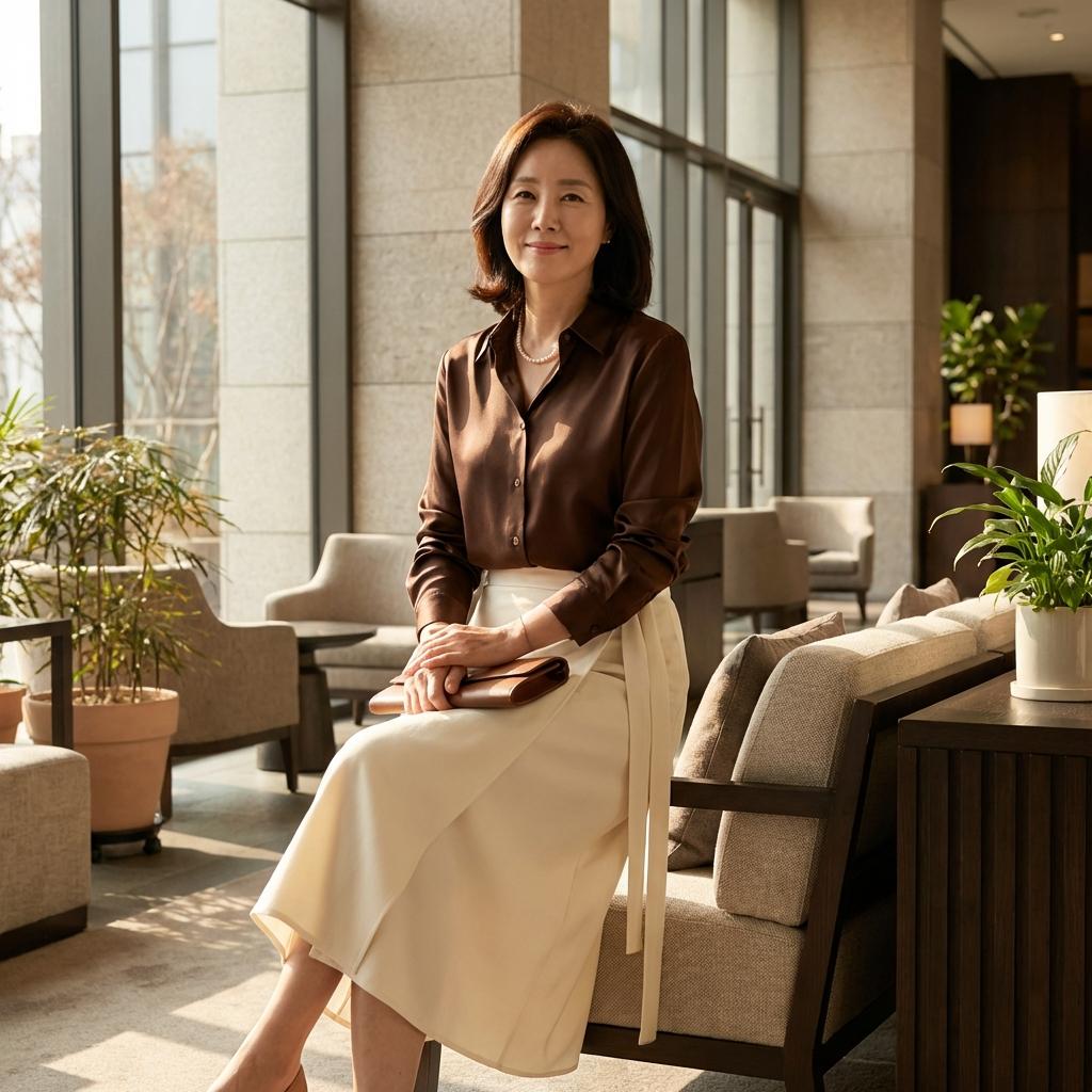 50대 뱃살 가려주는 랩 스커트 코디