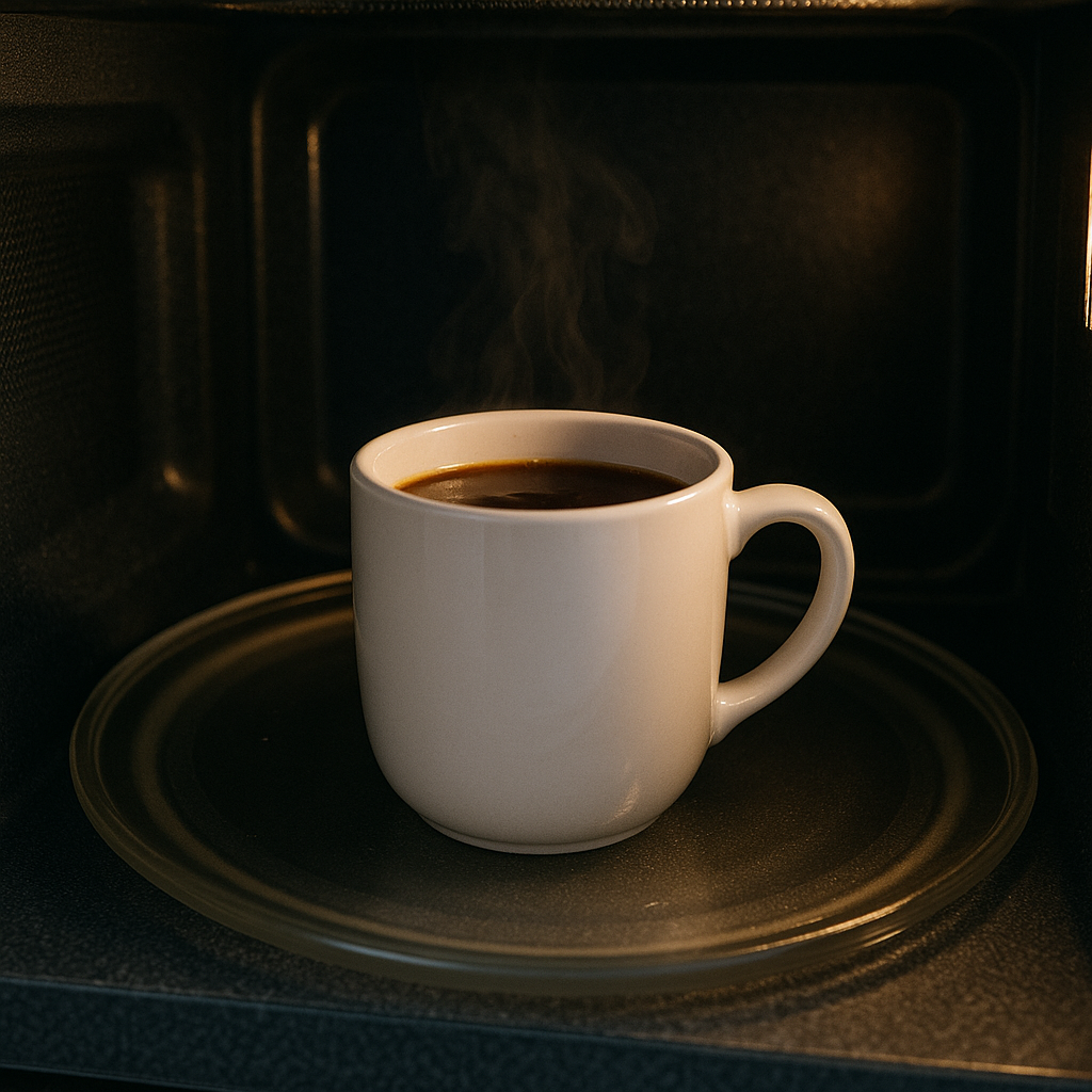 전자레인지 안에 머그컵이 들어간 모습, 조리 중인 푸룬 주스