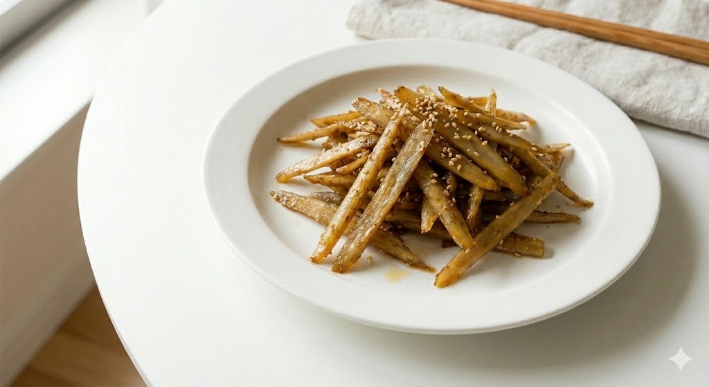 지용성 영양소의 체내 흡수율을 높여 콜레스테롤을 배출하고 혈관 건강을 지키는 기름에 볶은 우엉 볶음