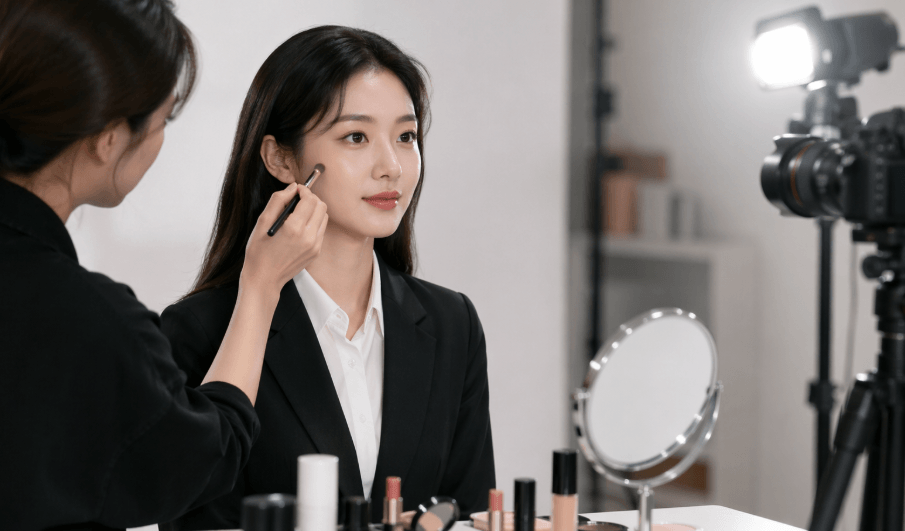 증명사진 찍기전 메이크업 받는 여자