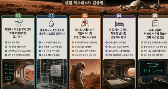붉은 화성 표면 위 거주 시설이 함께 보이는 현실적인 화성 생활 유지 환경 검증표