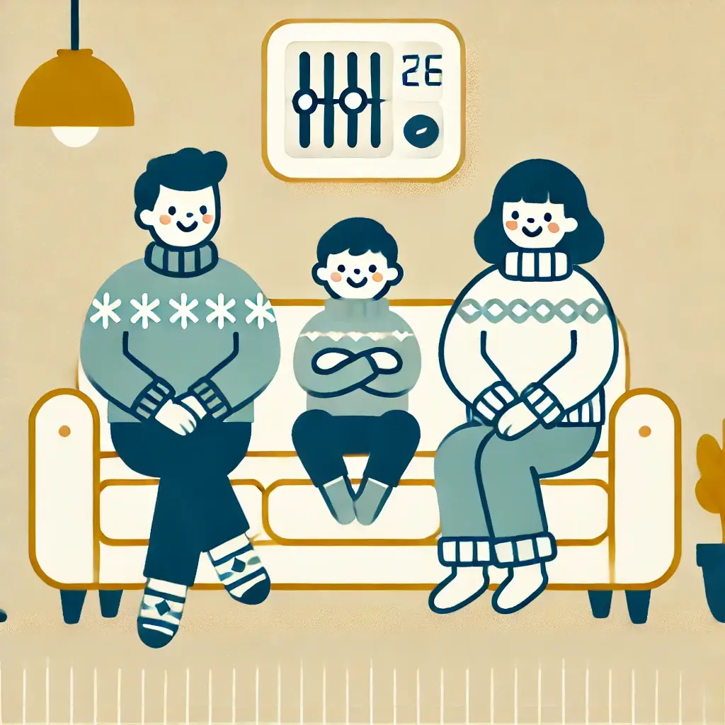 가족이 거실에서 온도 조절기를 설정하며 전기 난방비를 절약하는 모습