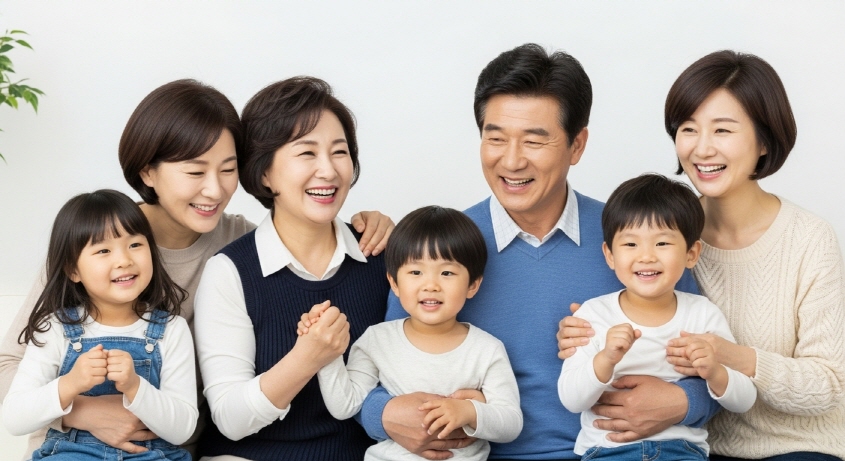 가족과 함께 기뻐하는 중년 부부