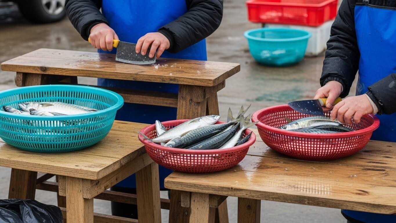 과메기 제작을 위해 겨울철 꽁치를 손질하는 어촌 작업 현장