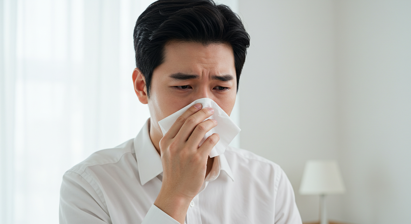 한국 남자가 비염에 걸려 티슈로 코를 닦고 있는 모습