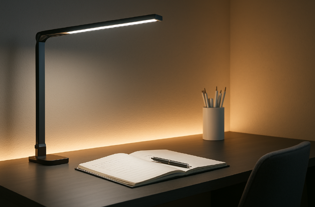 조명 세팅이 된 책상의 모습