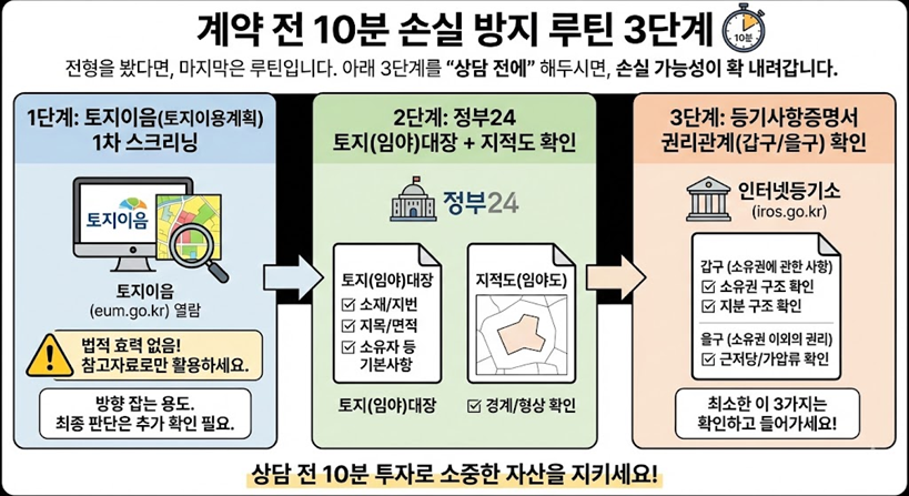 기획부동산 계약 전 10분 손실 방지 루틴 3단계 플로우차트