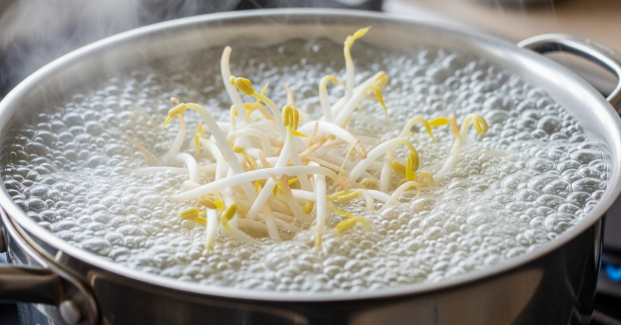 뜨거운 물에 숙주나물이 팔팔 끓고 있는 모습