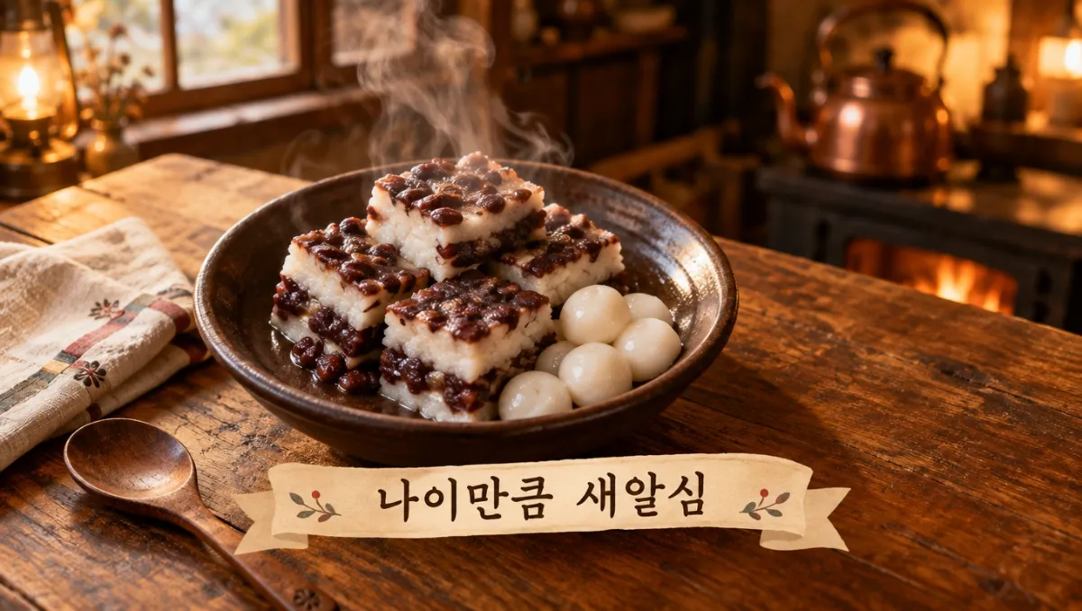 애동지에 아이들을 위해 쪄 낸 팥 시루떡 네모 조각과 하얀 새알심이 담긴 옹기 접시, 김이 모락모락 오르는 겨울 부엌