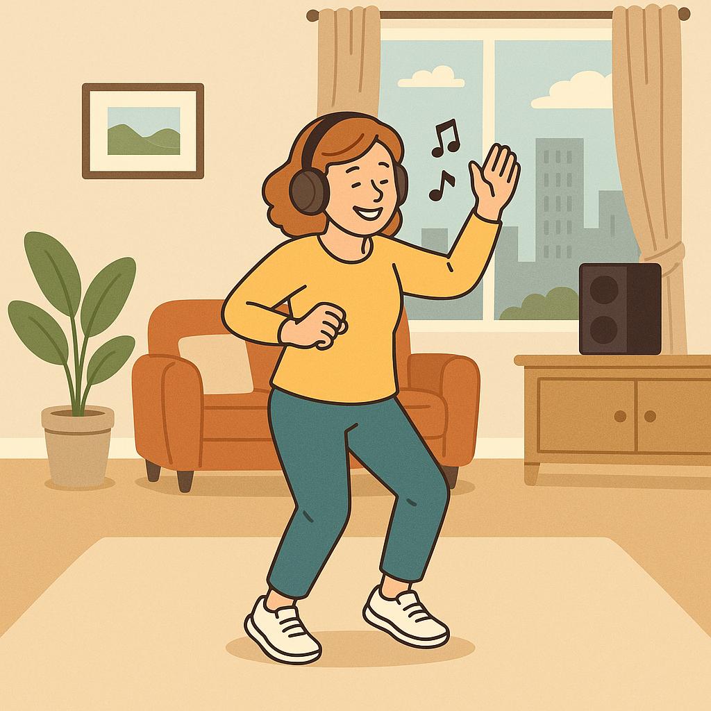 거실에서 음악을 들으며 즐겁게 저강도 댄스 운동을 하고있는 중년여성의 모습 만화체 그림