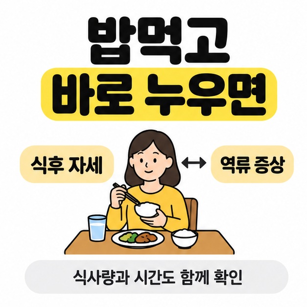 밥먹고 바로 누우면 제목 아래 식탁에 앉은 사람과 식후 자세 및 역류 증상 문구를 배치하고 식사량과 시간도 함께 확인하도록 안내한 그림.