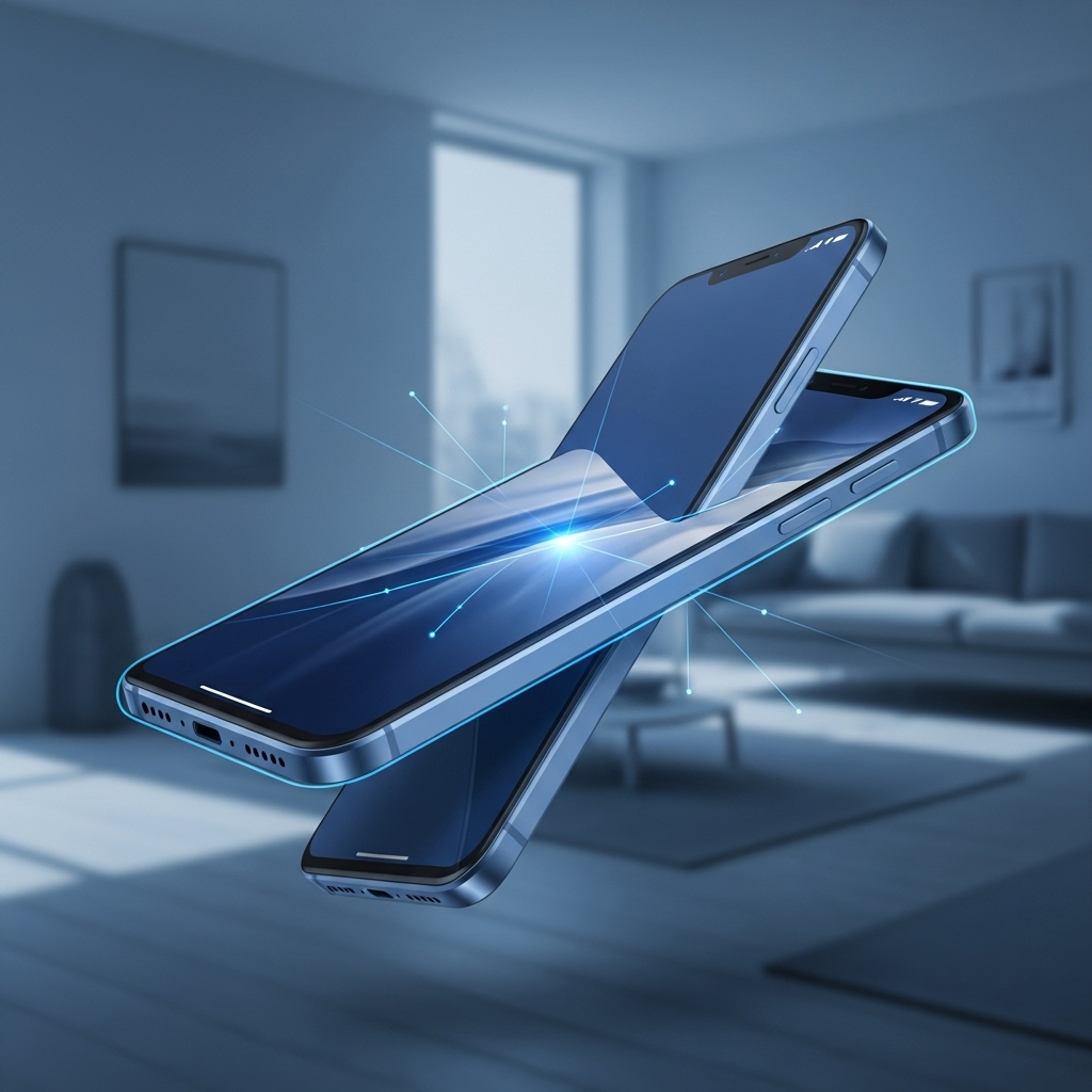 세로 모드에서 가로 모드로 회전하는 스마트폰 화면과 회전 움직임을 나타내는 파란색 선. 화면 자동 회전 기능과 관련된 문제를 시각적으로 표현.