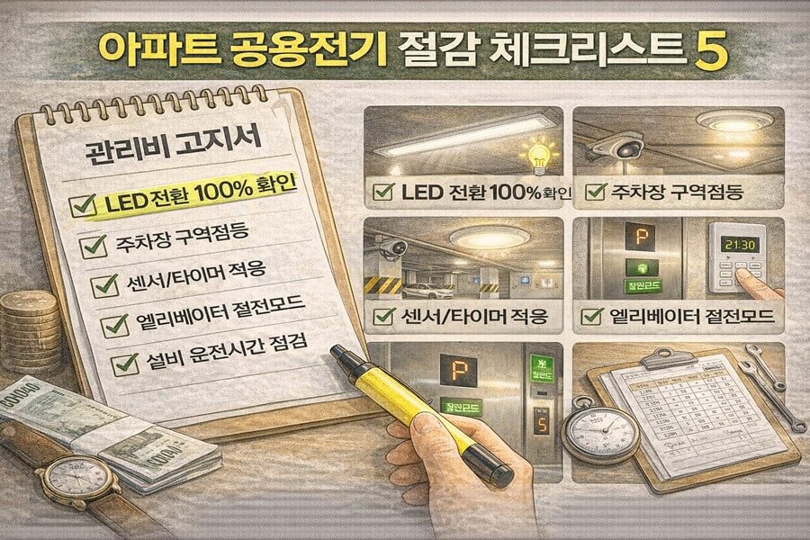 아파트 공용전기 줄이는 방법을 LED, 구역점등, 센서, 절전모드, 설비 점검으로 정리한 체크리스트 이미지입니다.