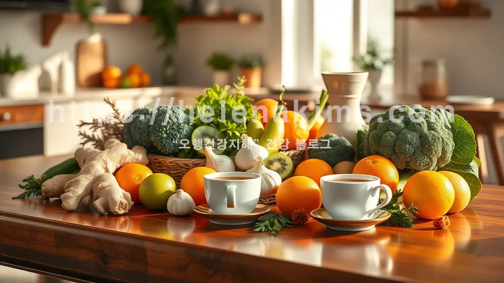 나무 탁자 위에 생강, 귤, 키위, 오랜지, 마늘, 브로콜리 등이 따뜻한 차 한잔과 함께 놓여 있는 이미지.