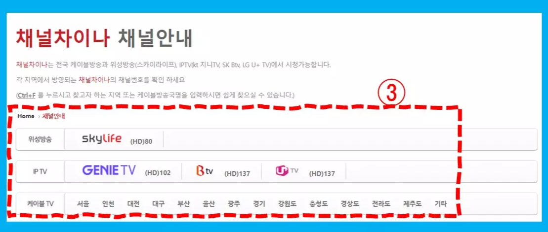 채널차이나 채널번호