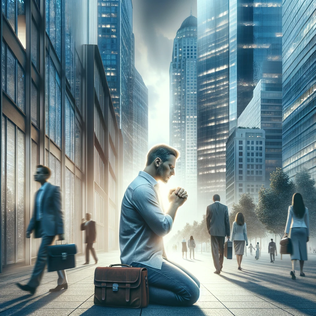 Here is the image depicting a contemporary Christian scene, where an individual is seen dedicating their life to following God in a modern urban setting. You can see the person pausing amidst their busy day to engage in a moment of prayer.