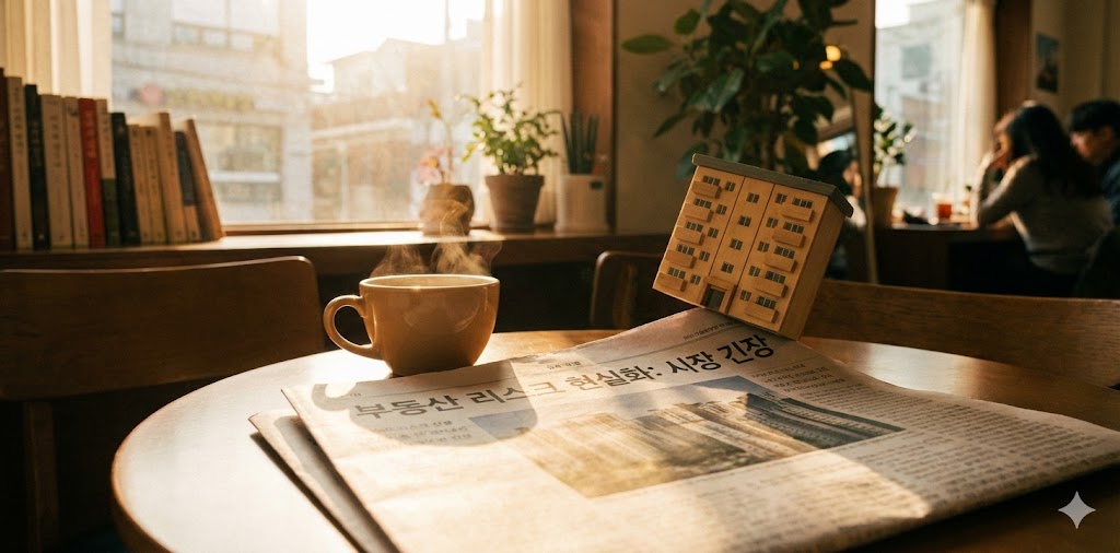 금요일 아침 커피 한 잔 옆으로 펼쳐진 신문 헤드라인에 '부동산 몰빵의 위기'가 적혀 있고, 그 뒤로 아슬아슬하게 균형을 잡고 있는 아파트 모형 이미지