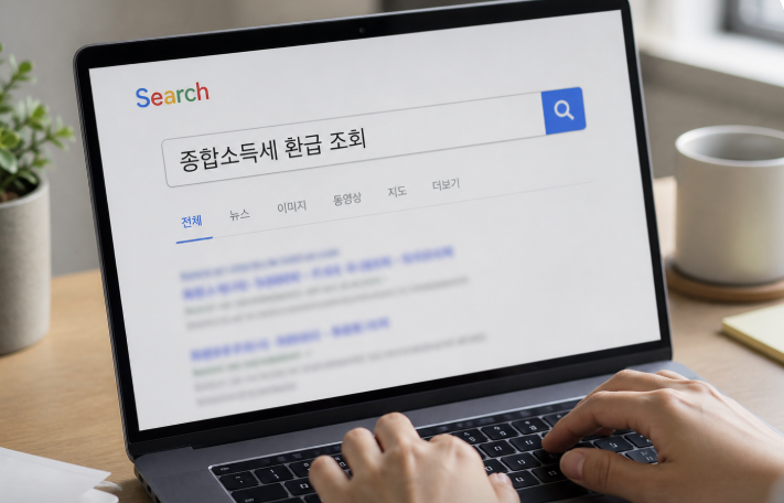 종합소득세 환급 조회를 검색하는 노트북 화면