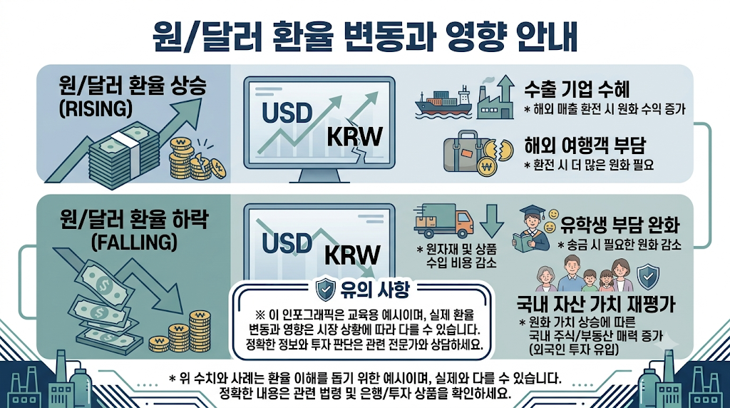 원&middot;달러 환율 상승과 하락에 따른 원화 가치 변화 개념도