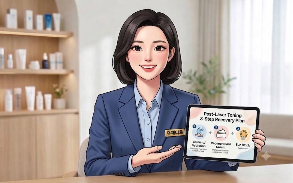 레이저 토닝 시술 후 진정, 재생 크림, 자외선 차단으로 이어지는 3단계 회복 계획을 태블릿 화면으로 안내하는 쥬에디트 전문가 캐릭터 이미지입니다.