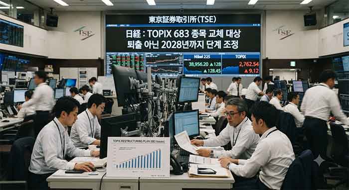 일본 증시 TOPIX 종목 교체 및 단계 조정 현황을 보여주는 트레이딩룸 풍경.