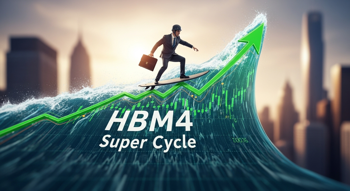 Investor character surfing on a rising semiconductor stock chart, with 'HBM4 Super Cycle' written on the wave.
