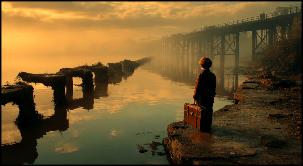 내러티브 실험_무너진 부두 어린 소년 예시_ Midjourney