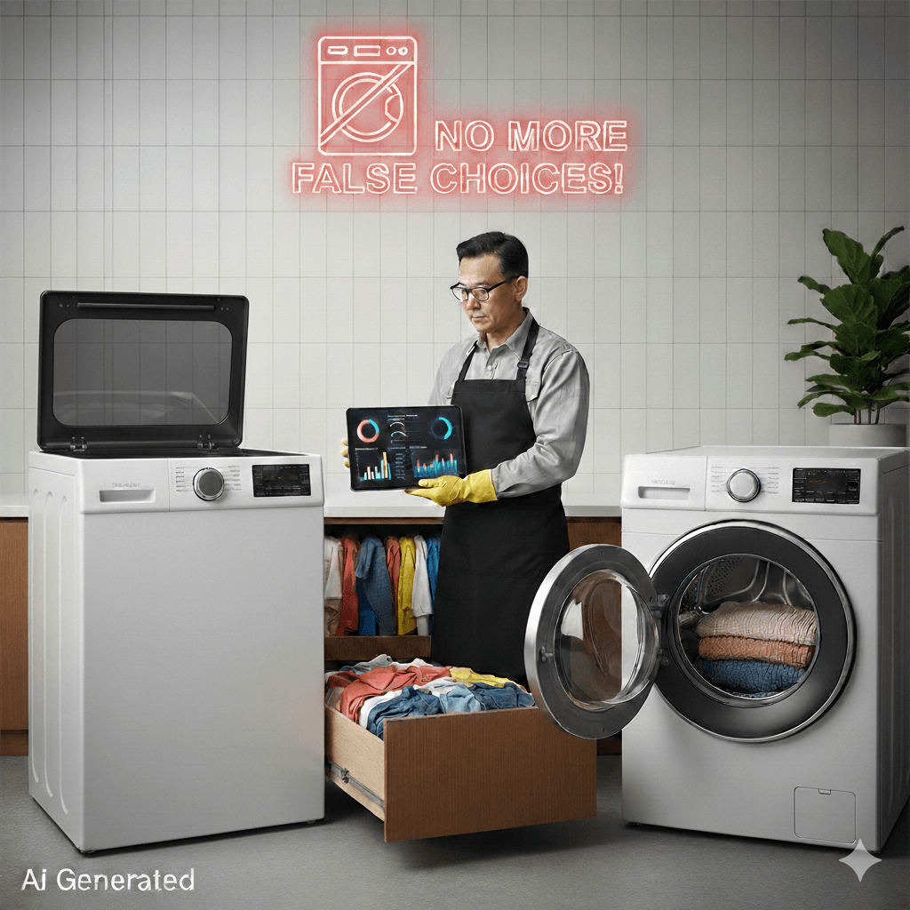 통돌이 세탁기와 드럼 세탁기를 비교하며 라이프스타일에 맞는 선택을 제안하는 전문가의 모습