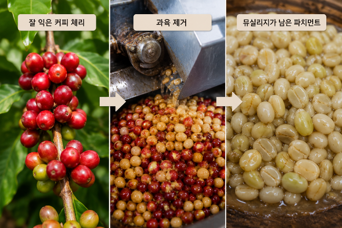 과육을 제거한 커피 파치먼트에 뮤실리지가 남아 있는 허니 프로세스 건조 과정