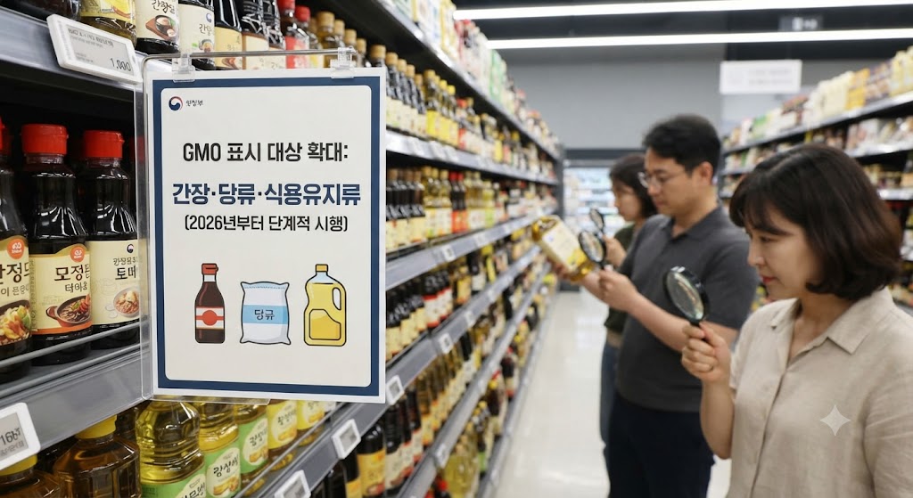 대형마트의 간장, 식용유, 과자 진열대를 배경으로, 'GMO 완전표시제 시행(2026년 단계적 확대)'을 알리는 정부 공지 포스터가 부착되어 있습니다. 이전에는 표시 없이 팔리던 제품들에 '원료적 이력 표시(GMO 사용)' 라벨이 붙기 시작하면서, 소비자들이 제품을 선택하기 전 꼼꼼히 성분표를 확인하는 변화된 마트 풍경을 담았습니다.