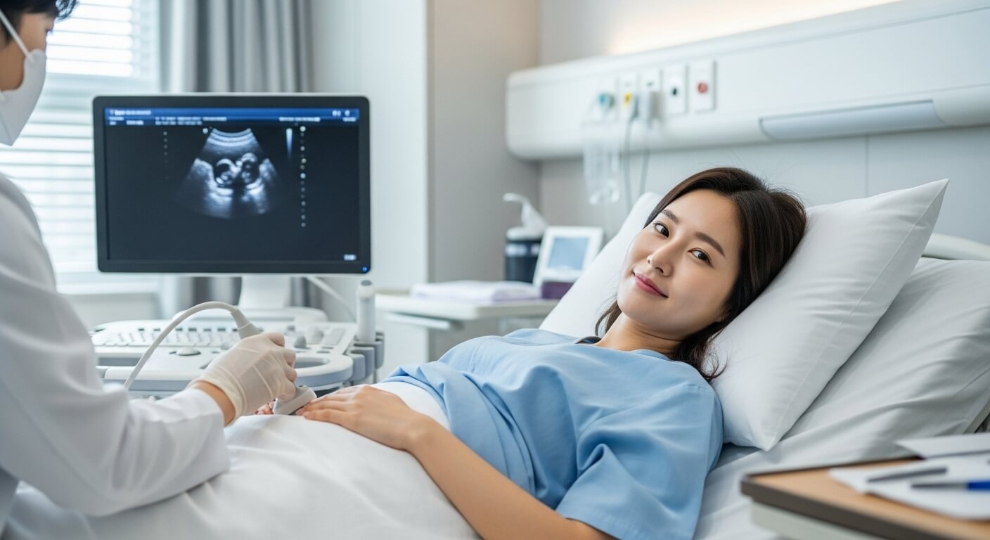 여성 환자가 병원 침대에 누워 초음파 검사를 받는 모습