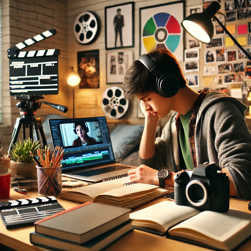 학생이 영화에 대해서 공부하고 있는 사진