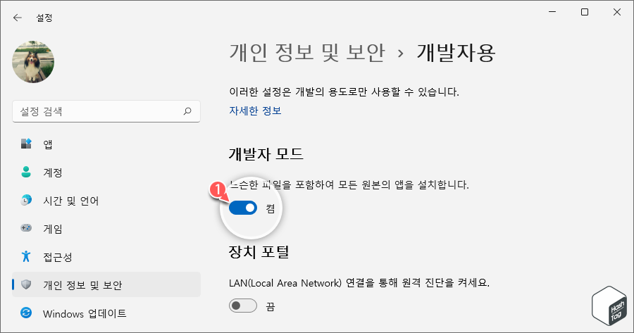 개인 정보 및 보안 > 개발자용 > 개발자 모드 켬