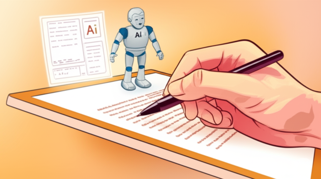 글쓰기에 인간과 AI가 협업하고 있는 것을 형상화한 이미지