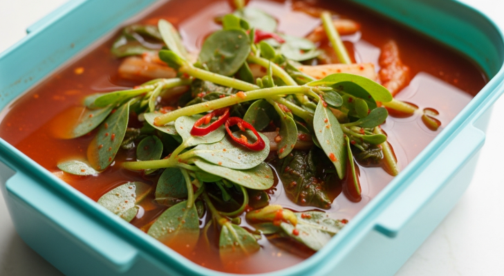 국물이 자작하게 담긴 돌나물 물김치가 김치 통에 담겨있다