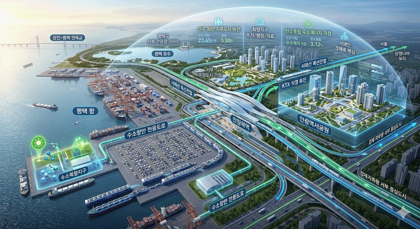 A high-tech visualization of Seopyeongtaek's development, centering on the connected hubs of Anjung Station, Pyeongtaek Port, and Hwayang district. It illustrates a future self-sufficient city of 300,000, powered by a green energy hydrogen complex and integrated by advanced rail and smart road networks. This futuristic portrayal emphasizes the region's vision as the core of the West Coast economic axis.