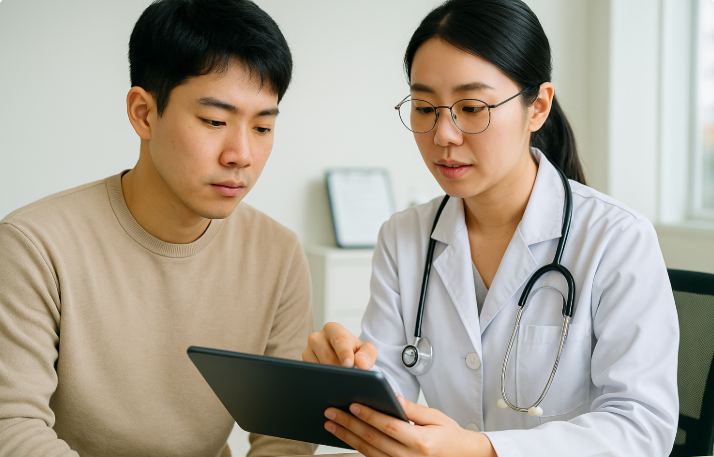 의사와 청년 남성이 태블릿을 보며 건강검진 결과를 상담하는 모습