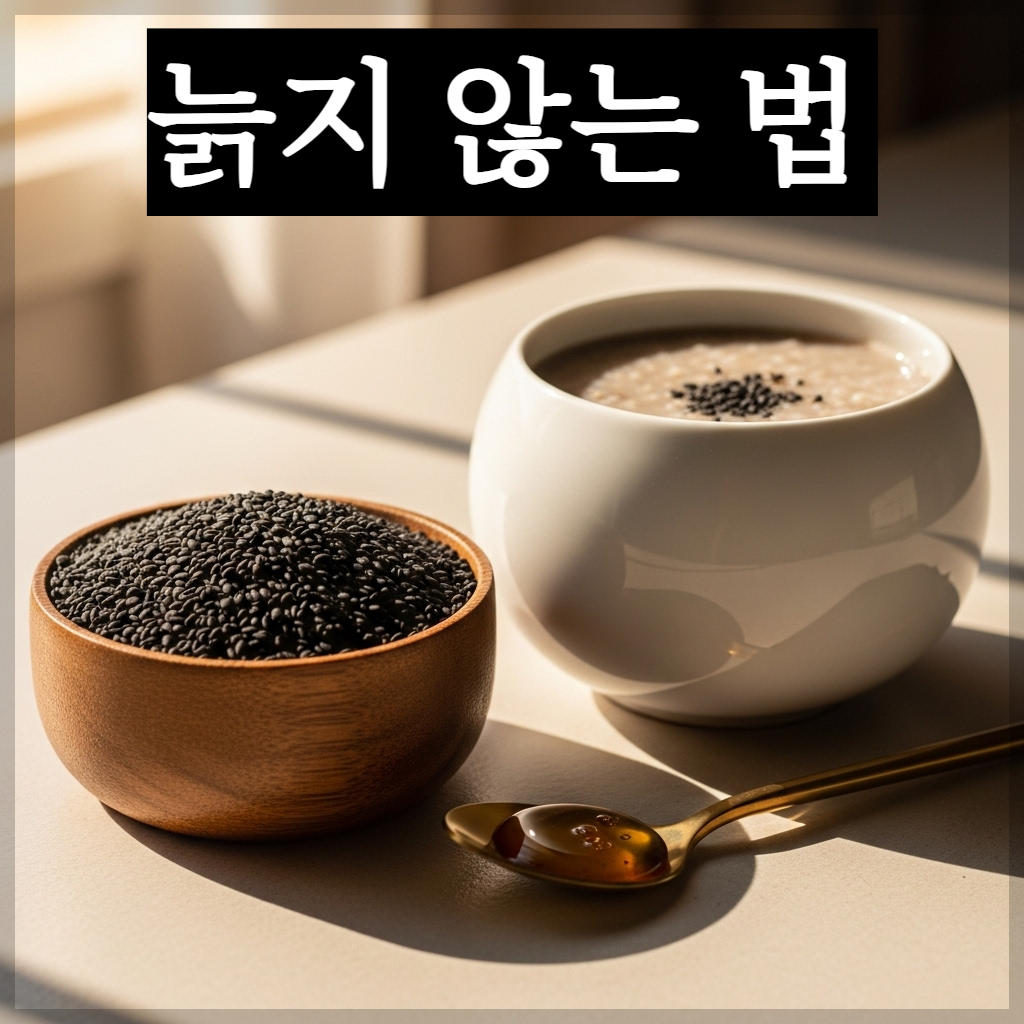 따스한 아침 햇살이 비치는 나무 테이블 위에 정갈하게 담긴 검은깨 알갱이들과 고소한 향이 피어오르는 맑은 깨죽 한 그릇이 놓여 있는 치유 분위기의 실사 이미지