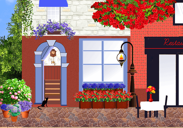 외벽에 꽃이 가득 핀 아름다운 레스토랑이다. 파란색꽃, 붉은 꽃들이 가득 피었다.